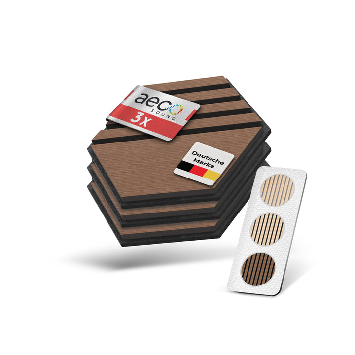Akustikpaneele Holz selbstklebend – 3er-Set | Echtholz Walnuss & Akustikfilz Schwarz | Hexagon 30x26