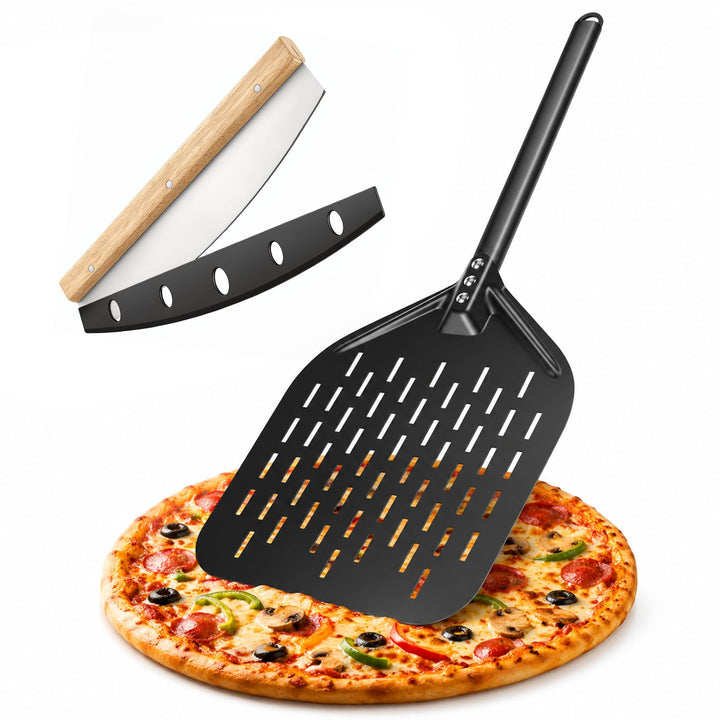 Pizzaschieber Set mit Perforiertem Schieber &amp; Pizzaschneider, Antihaft Beschichtung, Pizza Wiegemess