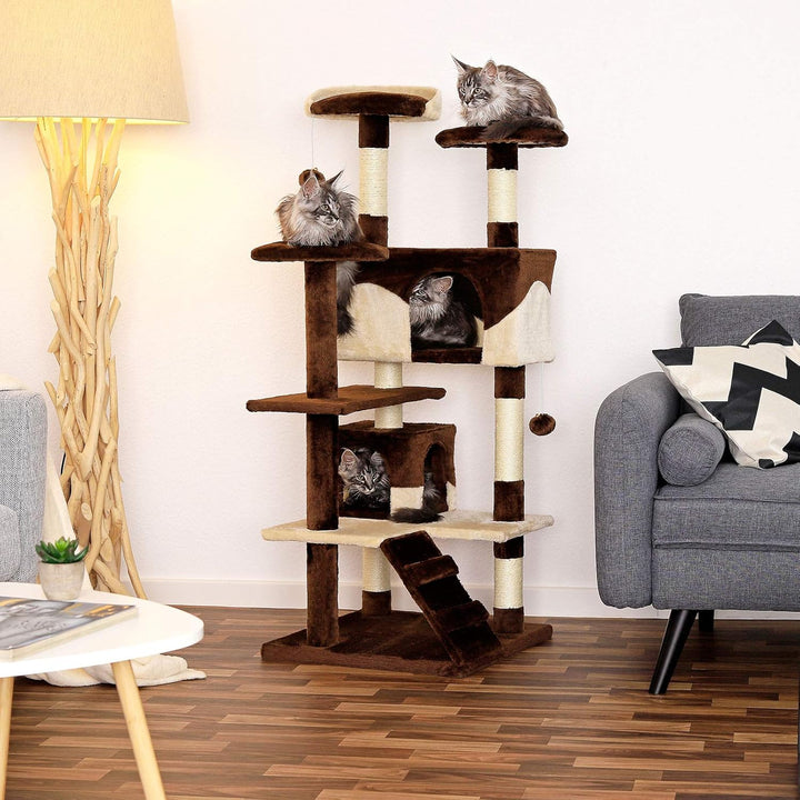 lionto Kratzbaum für Katzen mit 2 Plüschbällen & 3 Plattformen, Höhe 130 cm, Katzenbaum mit Sisal &