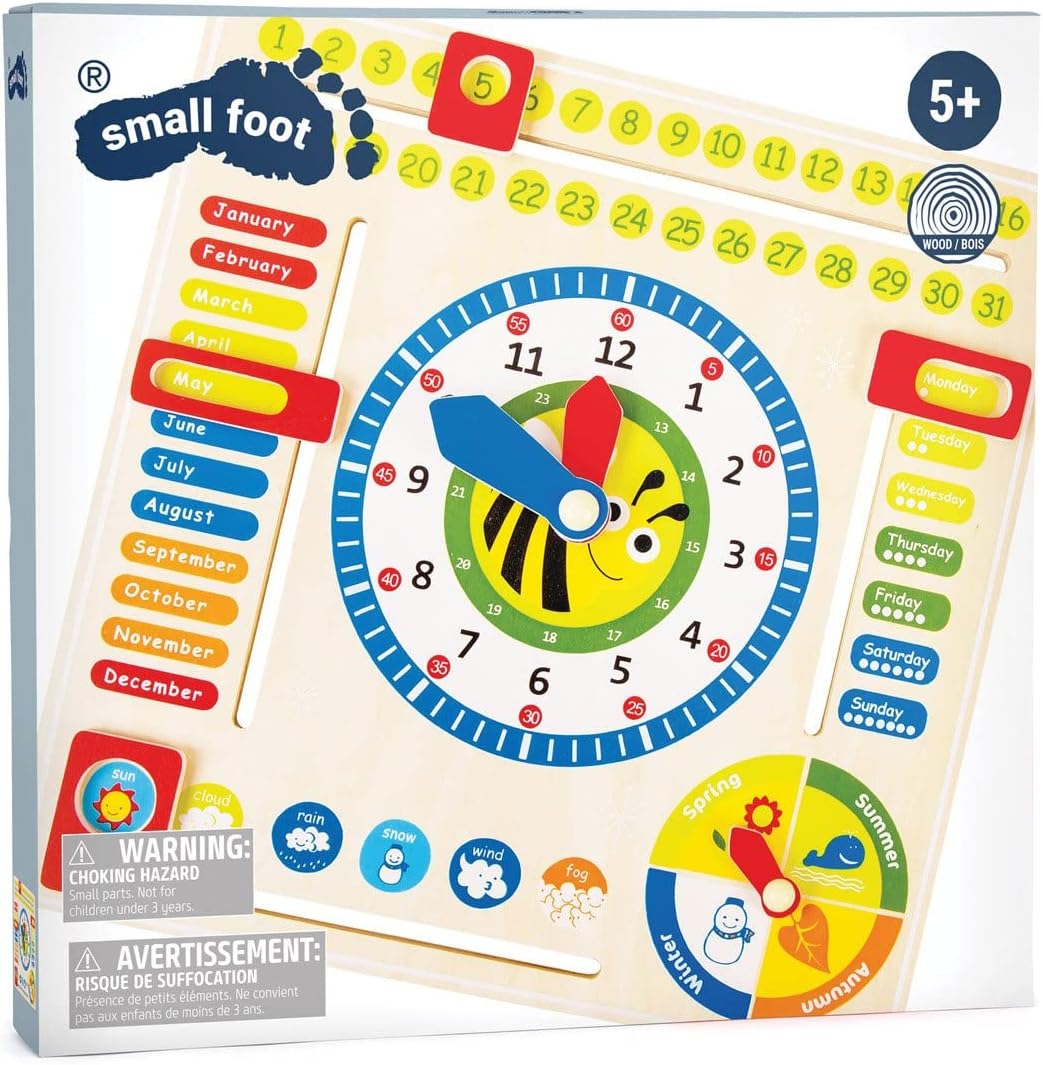 small foot Lerntafel Datum, Uhr-& Jahreszeiten in Englisch aus Holz, mit Zeigern und Kästchen, ab 3