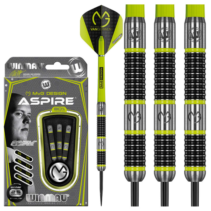 WINMAU Michael van Gerwen MvG Aspire Tungsten Steeltip Dart-Set mit Prismen-Flights und Nylon-Schäft