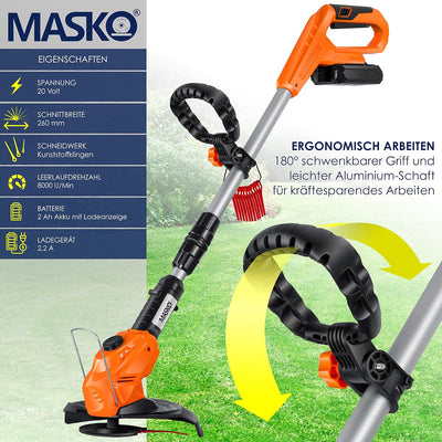 MASKO® Akku-Rasentrimmer mit 20 V Li-Akku, 2,0 Ah Akku und Ladegerät, Motorsense 26 cm Schnittkreis,