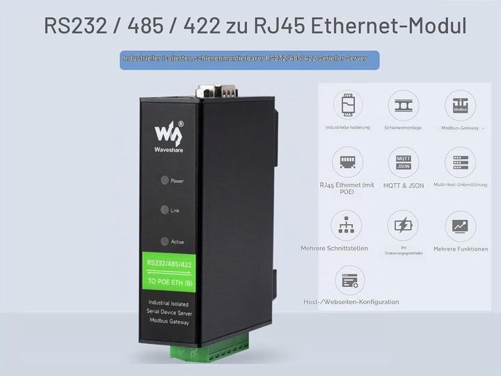 RS232/485/422 zu RJ45 Ethernet Konverter, TCP/IP zu Seriell, Modbus Gateway, Industrieller Isolierte