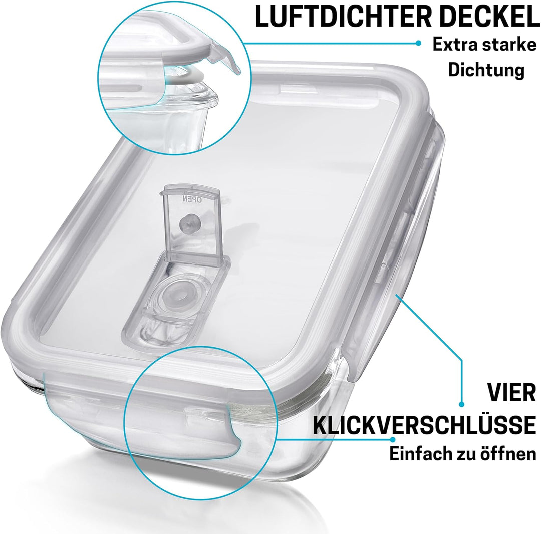 Meal Prep Container aus Glas mit Transparentem Dampfventildeckel – Luftdicht Verschliessbare Frischh