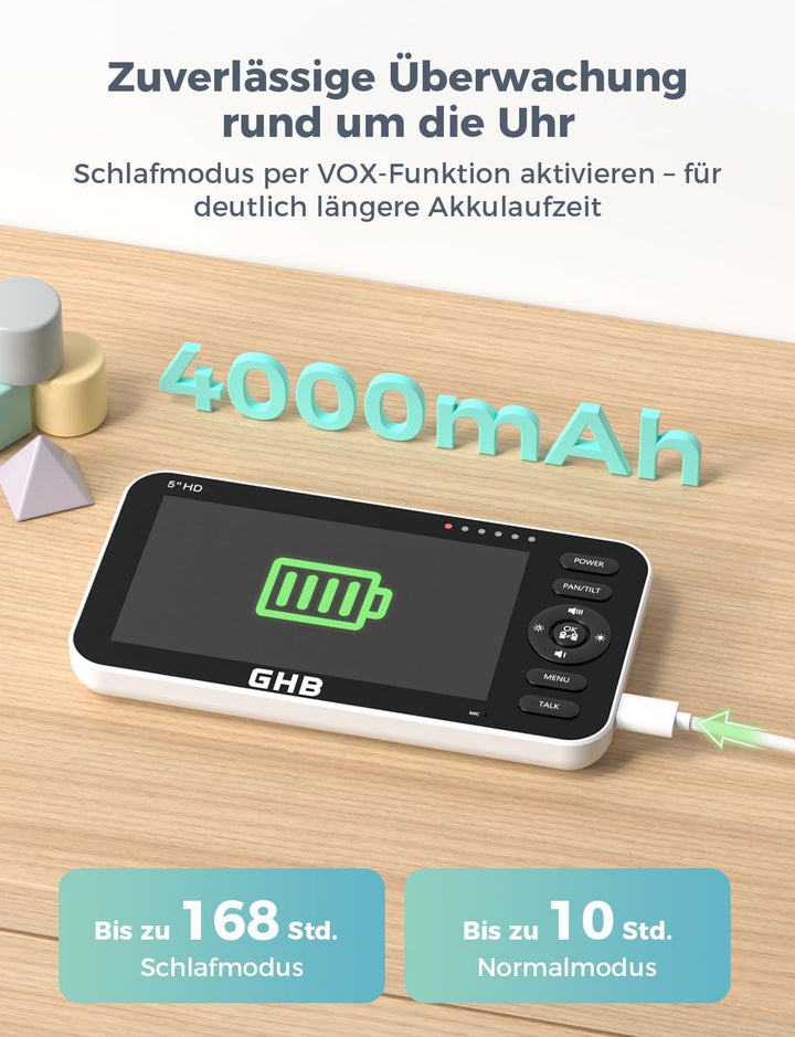 GHB Babyphone mit Kamera 5 Zoll LCD Display Babyphone Kamera VOX-Modus Gegensprechen Nachtsicht Temp