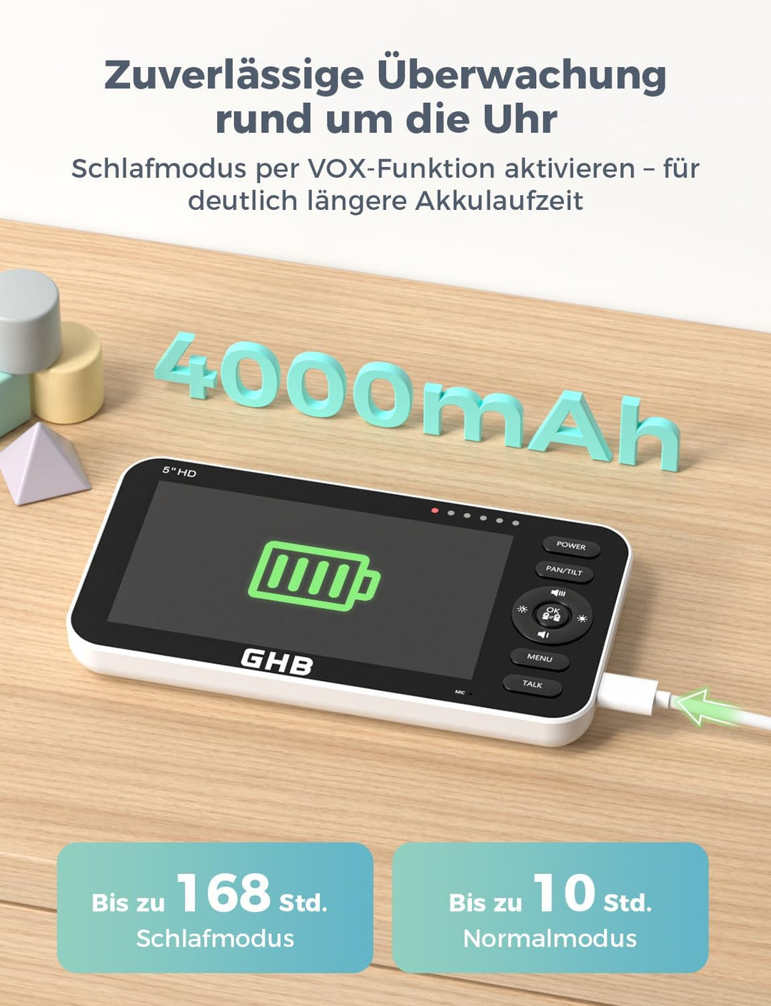 GHB Babyphone mit 2 Kameras 5 Zoll 720P HD Display mit bis zu 168h Akkulaufzeit im VOX Schlafmodus S