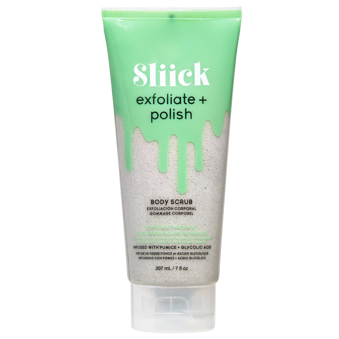 Sliick Exfoliate & Polish Body Scrub Bimsstein und Glykolsäure vor und nach dem Wachsen