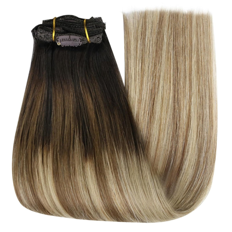 YoungSee Echthaar Extensions Clip Balayage 35cm Clip in Extensions Echthaar Braun Balayage Blond Inv
