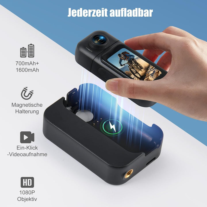 Action Cam Mit Touchscreen, 8-Stunden-Akku, Mini POV Bodycam, Wasserdicht 30M, 120° Weitwinkel, WLAN