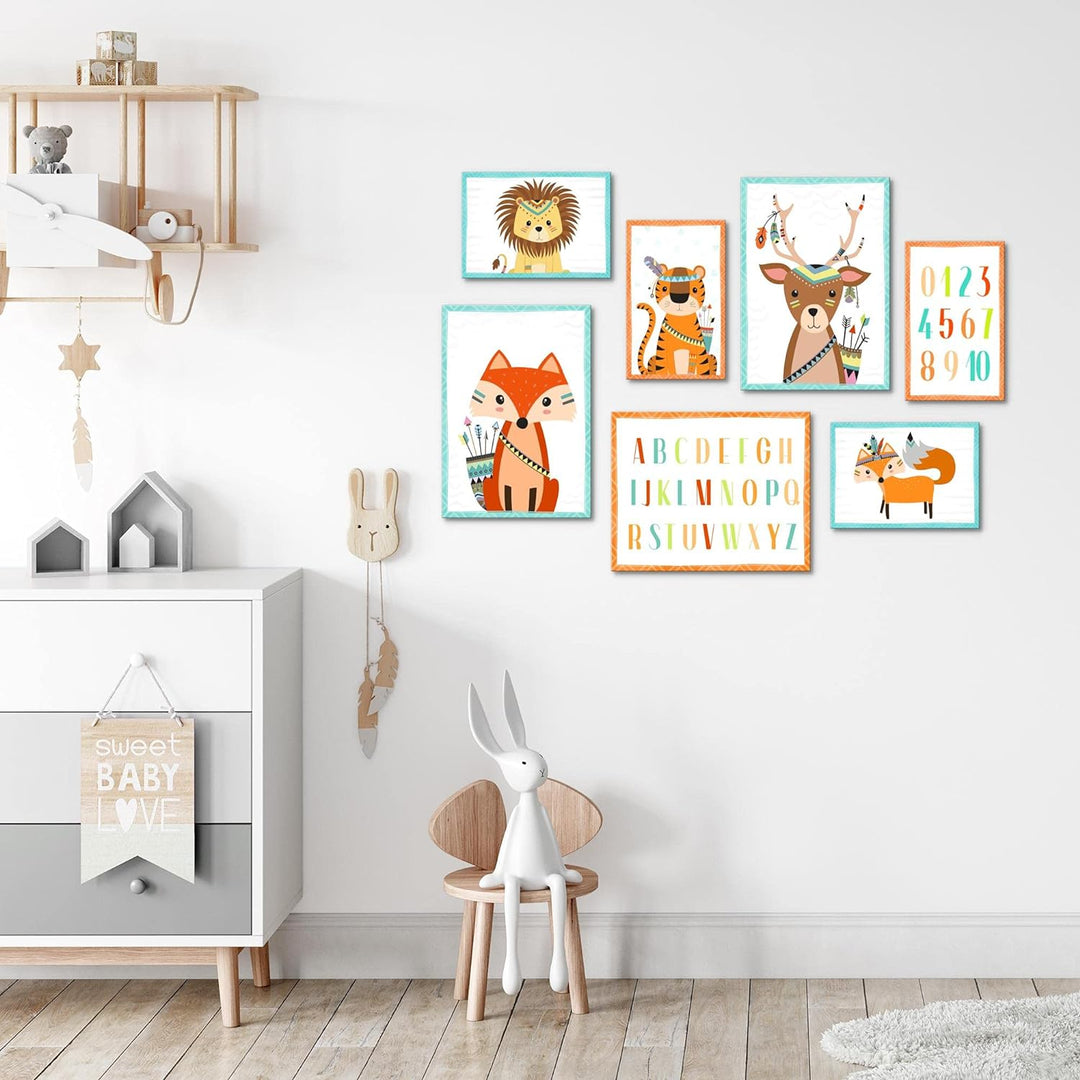 Novart Wandbilder Tiere - KOMPLETT AUFHÄNGFERTIG - Indianer Kinderzimmer Mädchen Junge- 7 Moderne Mo