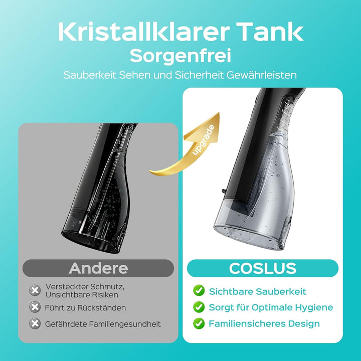 COSLUS Munddusche Kabellos Tragbar Elektrische Zahnreiniger, 300ML Wassertank Wiederaufladbar Zahndu