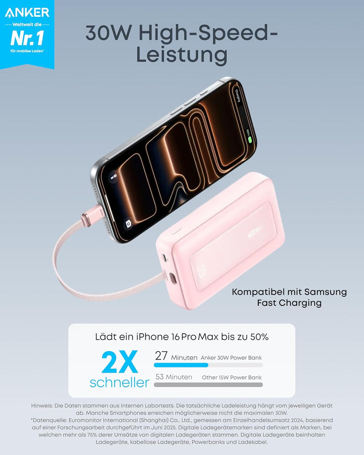 Anker portables Ladegerät, 10.000mAh 30W Powerbank, USB-C In und Out, Akkupack, Powerbank für Reisen