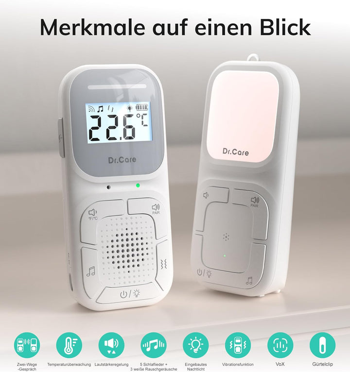 Dr.Care NeoGo Audio Baby Monitor – Vorgepaart, Gegensprechfunktion, VOX, Nachtlicht, Schlaflieder, V