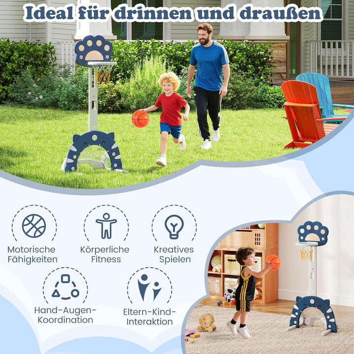 COSTWAY 3 in 1 Kinder Basketballkorb, Basketballständer mit Basketball & Fussball & Golfspiel, Indoo