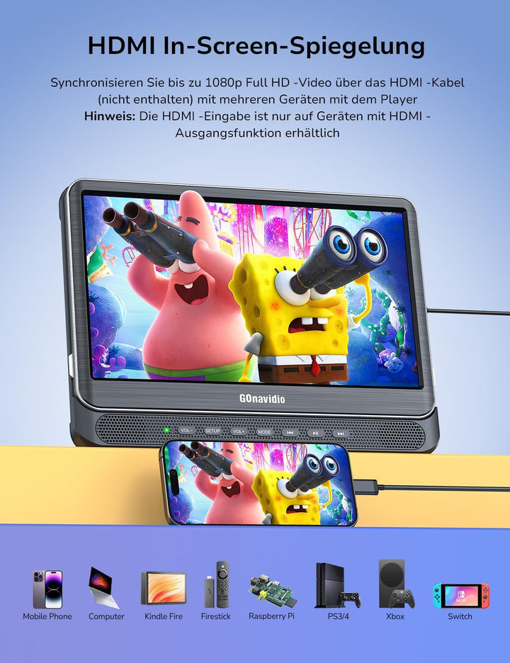 12" DVD Player Auto 2 Bildschirme mit 1080P HDMI-Eingang, Tragbarer Fernseher Kopfstütze 2 Monitore