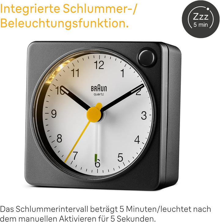 Klassischer analoger Reisewecker von Braun mit Schlummerfunktion und Licht, kompakte Grösse, ruhiges