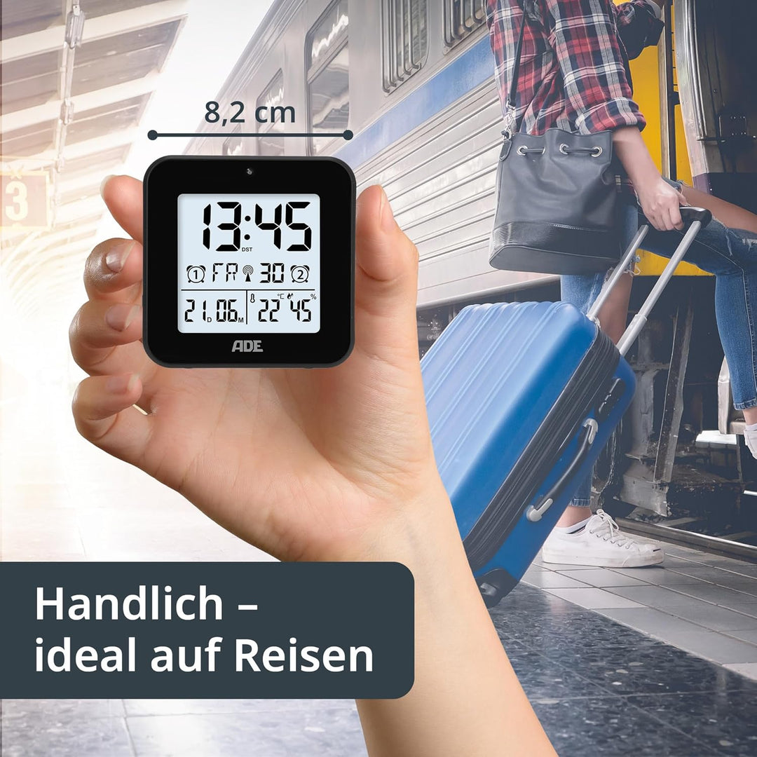 ADE Funkwecker digital mit Batterie | 2 Weckzeiten | Temperaturanzeige | Luftfeuchtigkeit | Reisewec