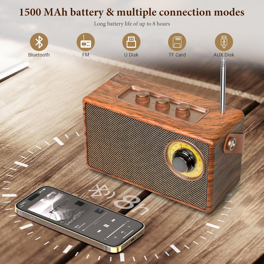 COLSUR Klassischem Retro Bluetooth Lautsprecher,Outdoor Holz Tragbarer Lautsprecher mit Nostalgie Vi