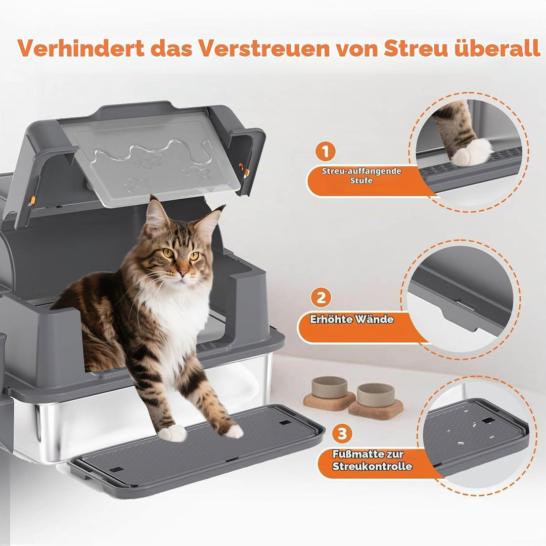 Homegroove XXXL Katzenklo Edelstahl mit Deckel, 70x50x45 Extra Grosses Katzenklo mit Schaufel &amp; Fuss