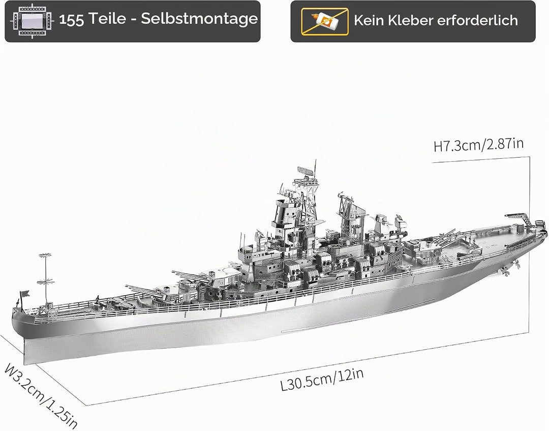 piececool 3D Puzzle Metall Schlachtschiff Missouri, 3D Metall Puzzle Militärmodell für 340 Edelstahl