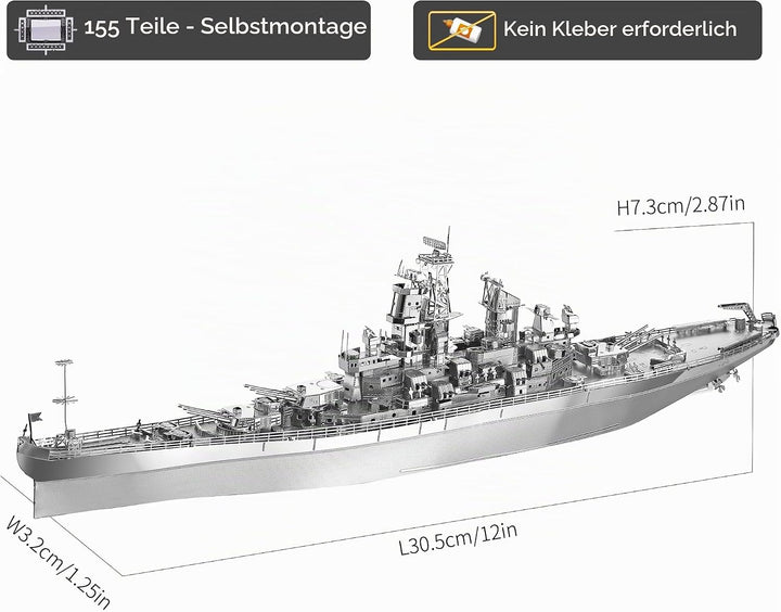 piececool 3D Puzzle Metall Schlachtschiff Missouri, 3D Metall Puzzle Militärmodell für 340 Edelstahl