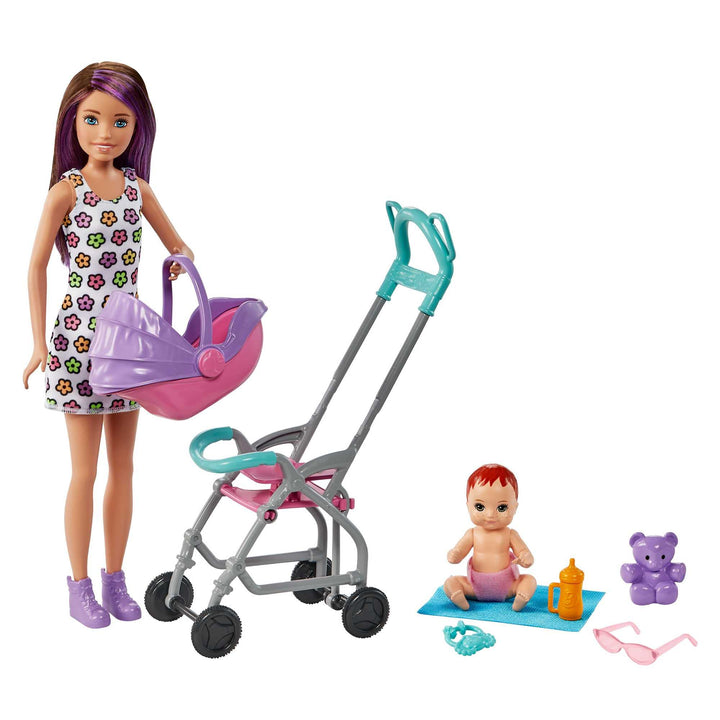 Barbie Skipper Babysitter Inc, Skipper mit braunen und lila Haaren, Baby, Kinderwagen, Babytrage, Zu