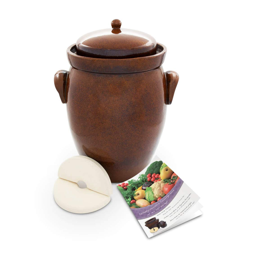KERAZO Gärtopf 16 Liter aus Steinzeug Keramik inklusive Deckel + Stein + Anleitung [Form 2] BRAUN -