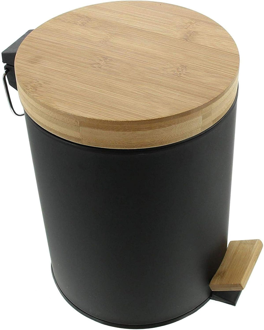 Dekoleidenschaft Treteimer matt-schwarz mit Deckel aus Bambus Holz, Bioeimer, Küchen-Abfalleimer, Ko