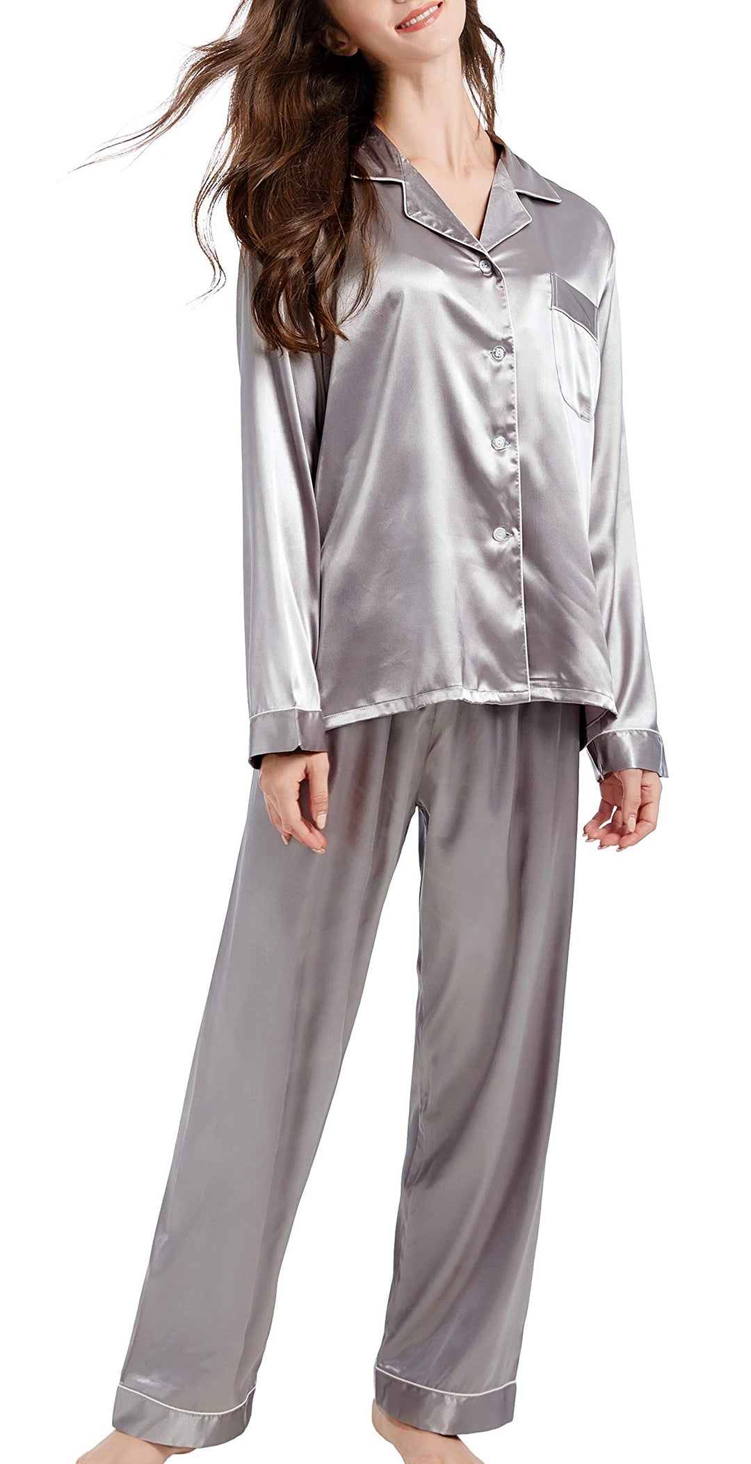 Damen Schlafanzug Pyjama Satin Lang Nachtwäsche Set Klassische Loungewear S Grau, S Grau