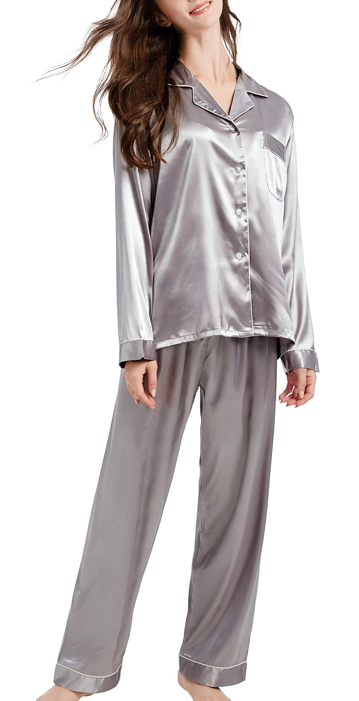 Damen Schlafanzug Pyjama Satin Lang Nachtwäsche Set Klassische Loungewear S Grau, S Grau