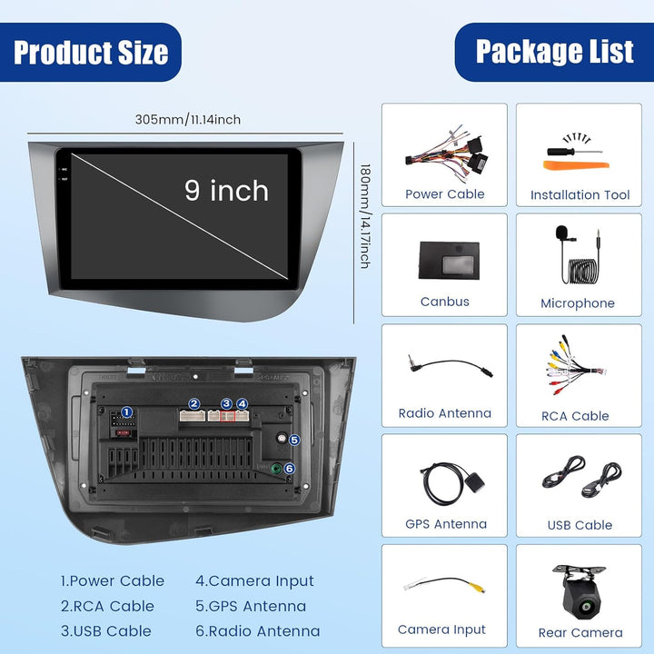 [4G+128G] Inefala Android 15 Autoradio für Seat Leon Mk2 mit Wireless Carplay Android, 9 Zoll Touchs