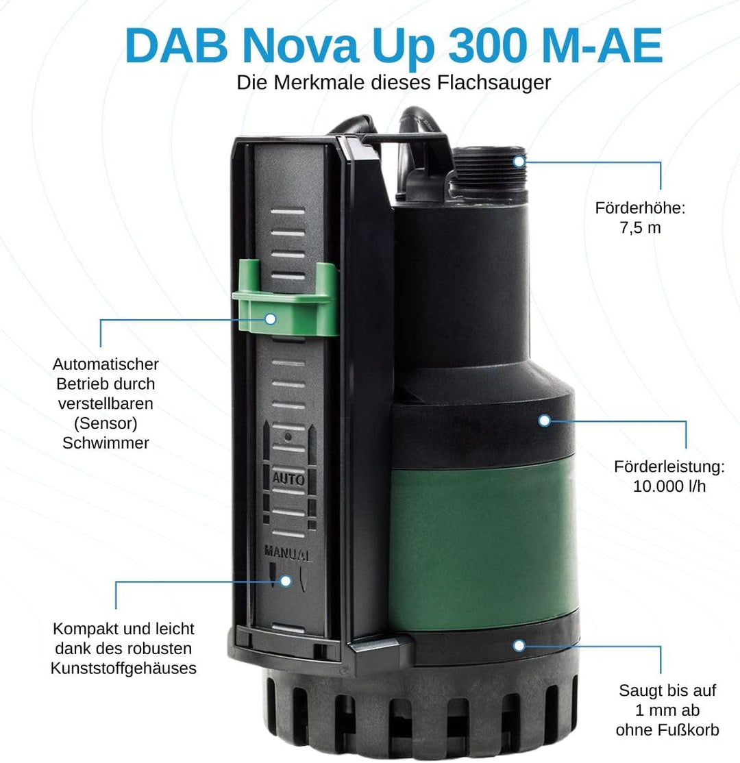 DAB Nova Up 300 M-AE mit Ablaufschlauch 7 Meter - Flachsauger-Tauchpumpe - 10.000 L/Std. - 380W - Fö