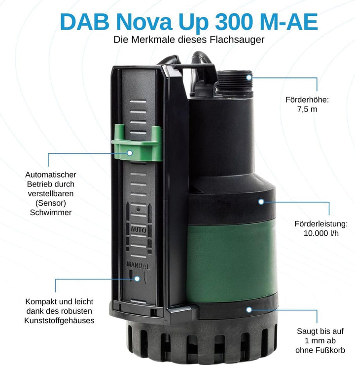 DAB Nova Up 300 M-AE mit Ablaufschlauch 7 Meter - Flachsauger-Tauchpumpe - 10.000 L/Std. - 380W - Fö