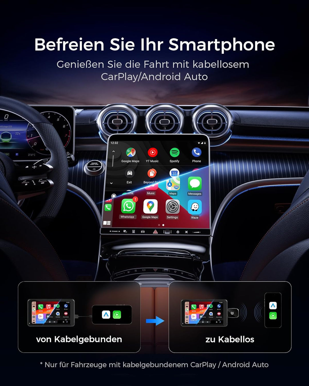 CarPlay und Android Auto Wireless Adapter 2 In 1, V5.3 Bluetooth Stabile Verbindung, Dualband WiFi 6
