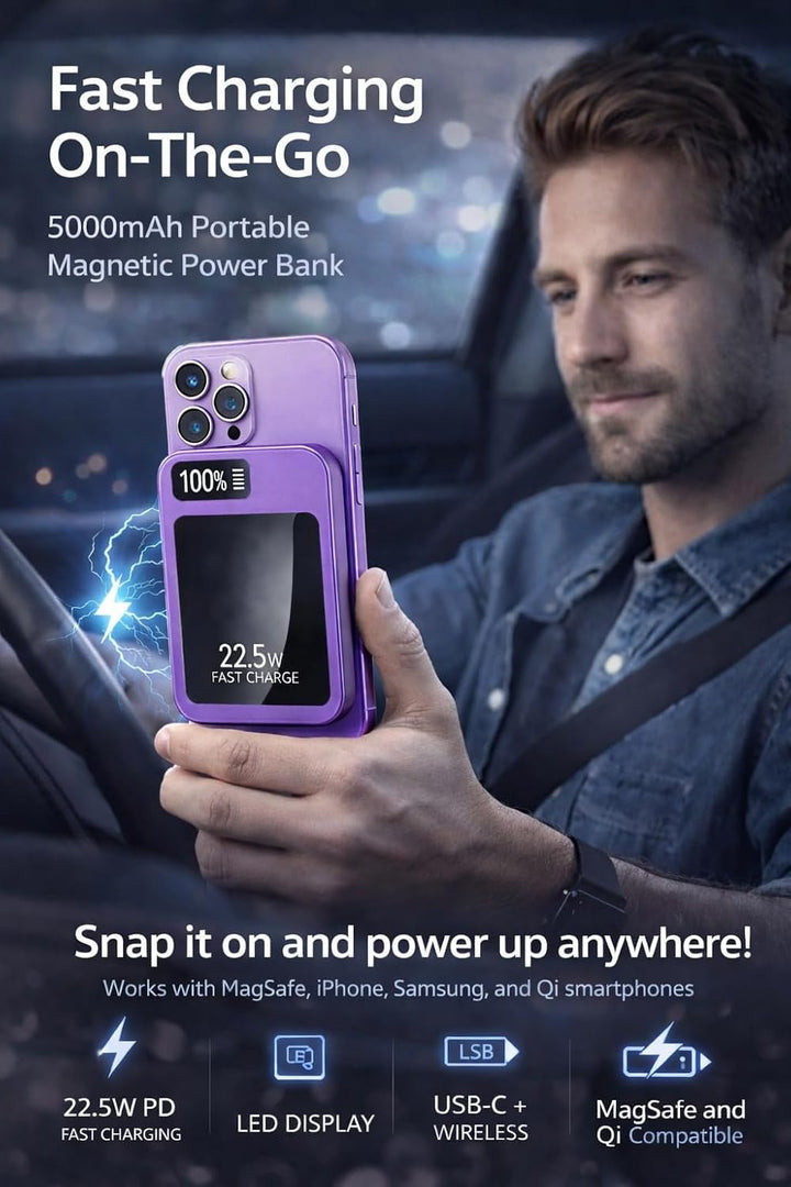 Magnetische Powerbank 10000mAh Mini 22.5W PD Schnellladen mit LED Display – kompatibel mit Samsung,