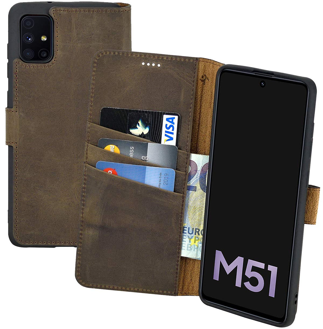 Suncase Book-Style Hülle kompatibel mit Samsung Galaxy M51 Leder Tasche (Slim-Fit) Lederhülle Handyt