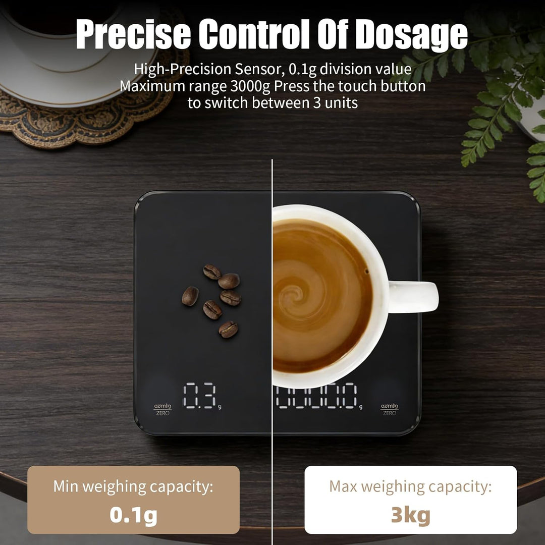 Kaffeewaage mit Timer, 3kg/0.1g Wiederaufladbare Digitale Küchenwaage, Tragbar mit LED-Anzeige & Aut