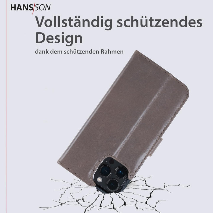 HANS/SON Klappbare Echtlederhülle Grau | iPhone 13 Pro Ledercase mit Kartenfächern | Lederhülle mit