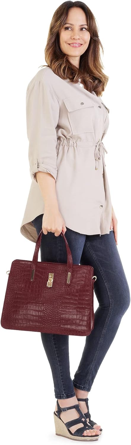 Handtasche Echt Leder Damen Made in Italy, Smartphonefach, Kroko-Design, elegante Umhängetasche, Dam