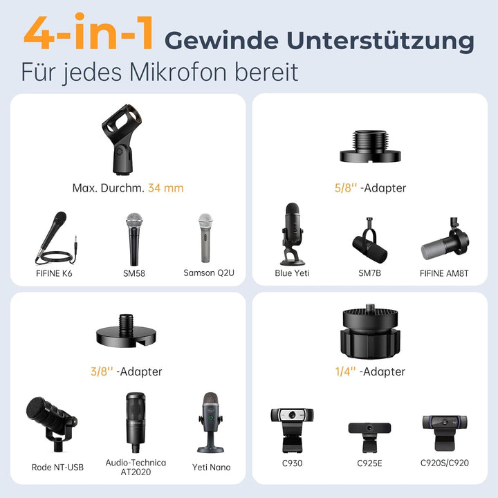 Tischhalterung Mikrofonständer Verstellbarer Montagearm mit 1/4"-3/8"-5/8" Mehrfachgewinde für Blue