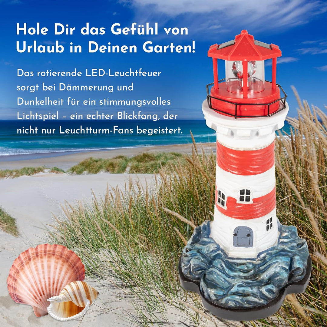 NATIV LEMODO Gartendeko Blauer Leuchtturm mit rotierendem Leuchtfeuer | Handbemalte Gartenfigur mit
