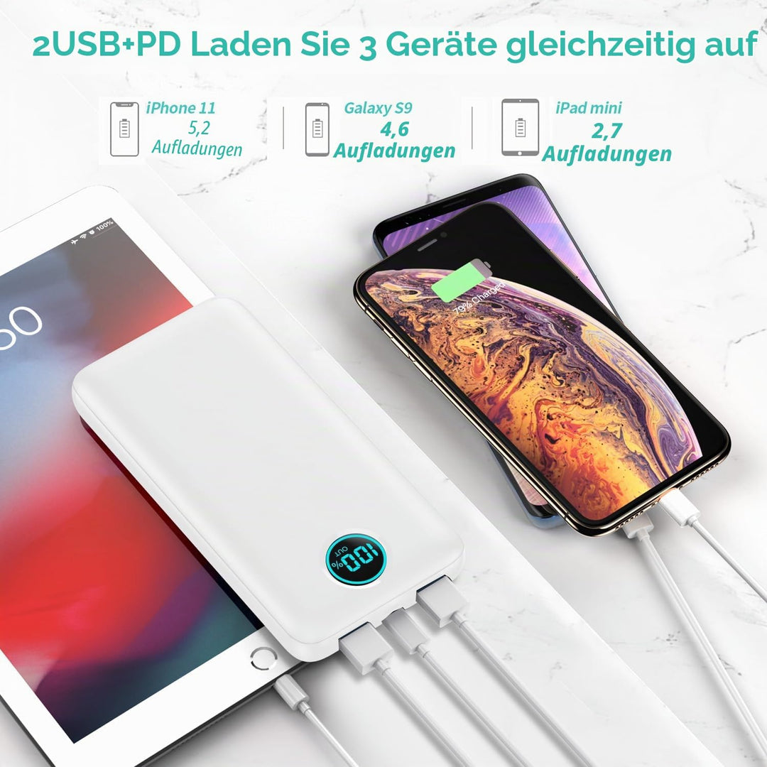 Power Bank USB C mit Kabel 26800mAh, PD 25W QC4.0 Schnellladung Powerbank, 5 Ausgängen Externe Handy
