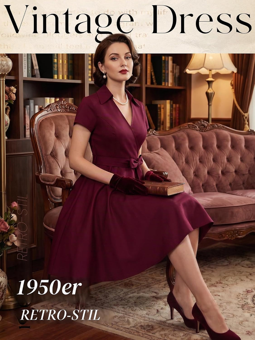 Rockabilly Kleider Damen V-Ausschnitt Midi Festliche Kleider für Hochzeit Vintage Cocktailkleid XXL