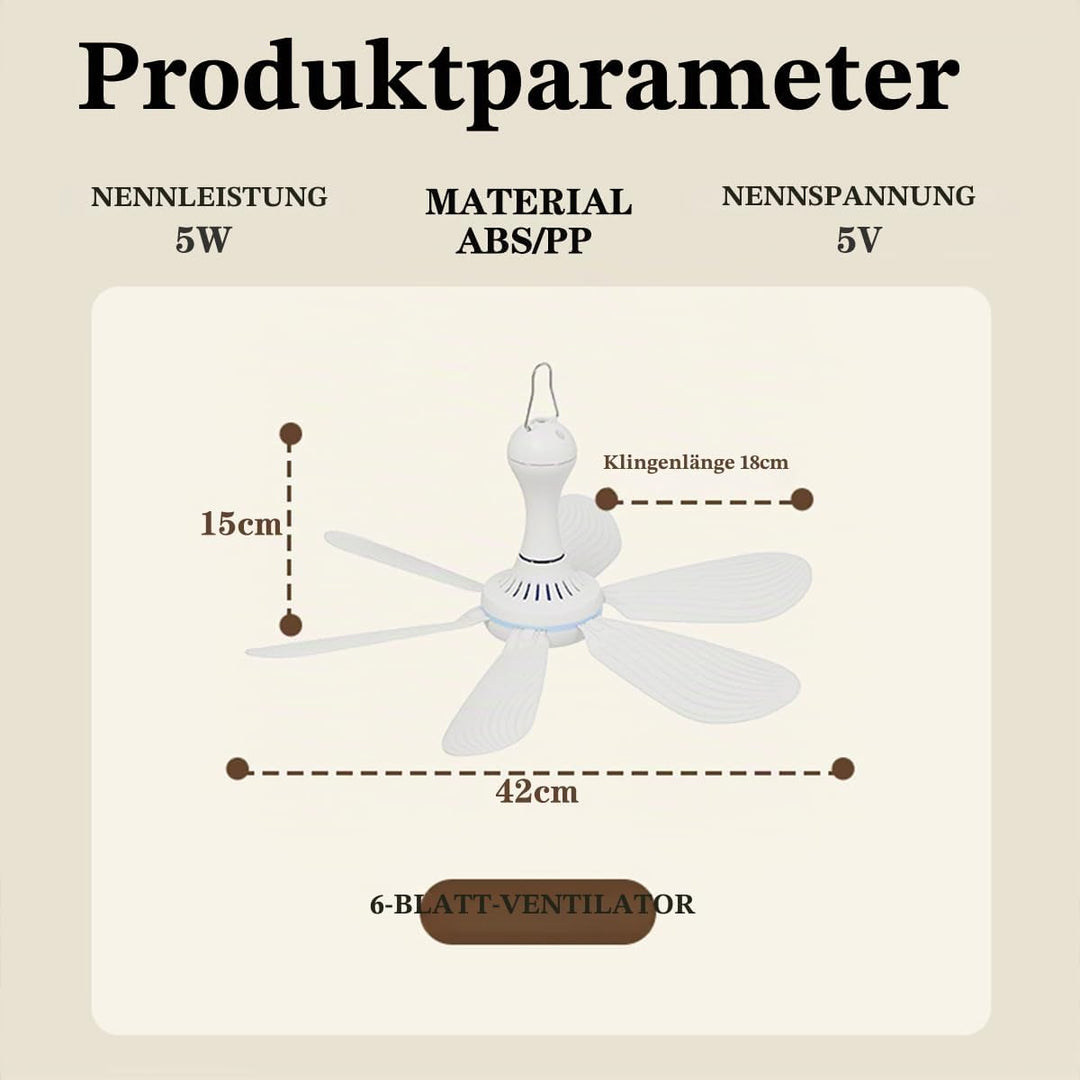 BININBOX Mini Mobiler Deckenventilator,4-stufige Windeinstellung USB-betrieben Ventilator Ø42CM 5W(F
