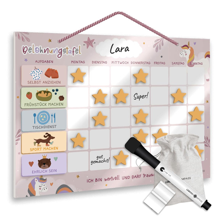 Lebenskompass® Belohnungstafel Kinder Rosa - Abwischbare Whiteboard-Tafel mit Aufhängeband - Belohnu