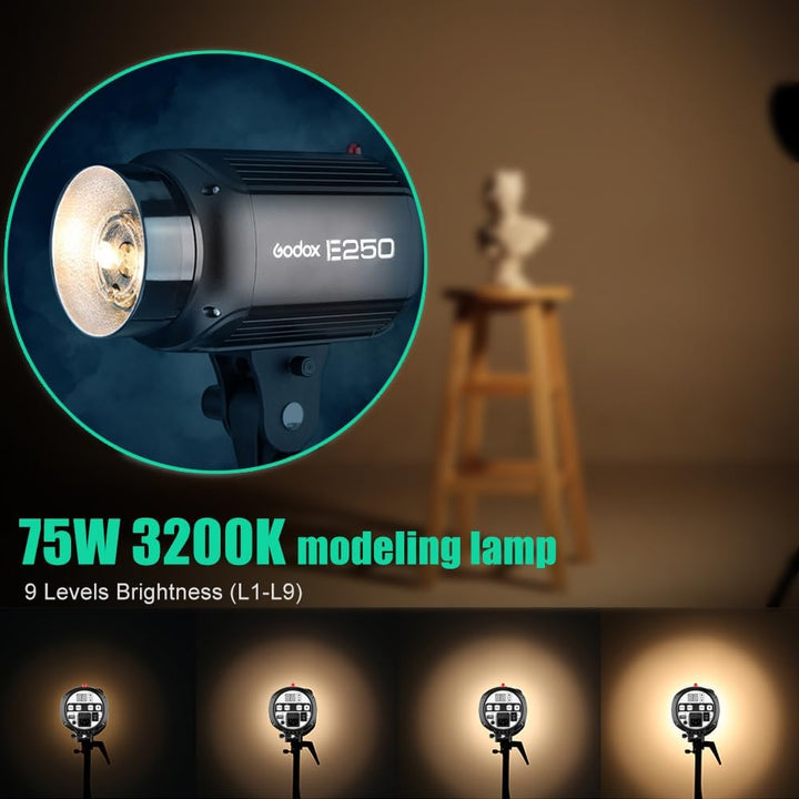 Godox 750W Studio Stroboskop Blitzlicht Kit, Stroboskop Beleuchtungsset für Fotografie, 3x250W 5600K