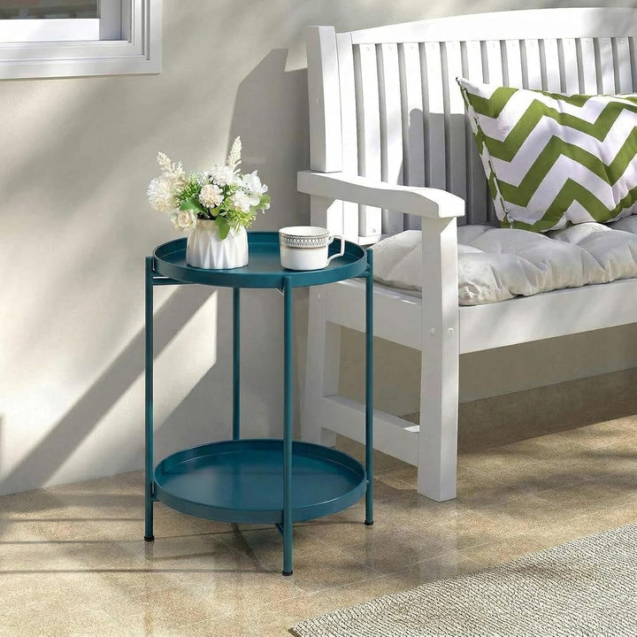 HollyHOME Runder Beistelltisch, 2 Ebenen Beistelltisch Metalltablett, Snacktisch, Couchtisch, Teetis