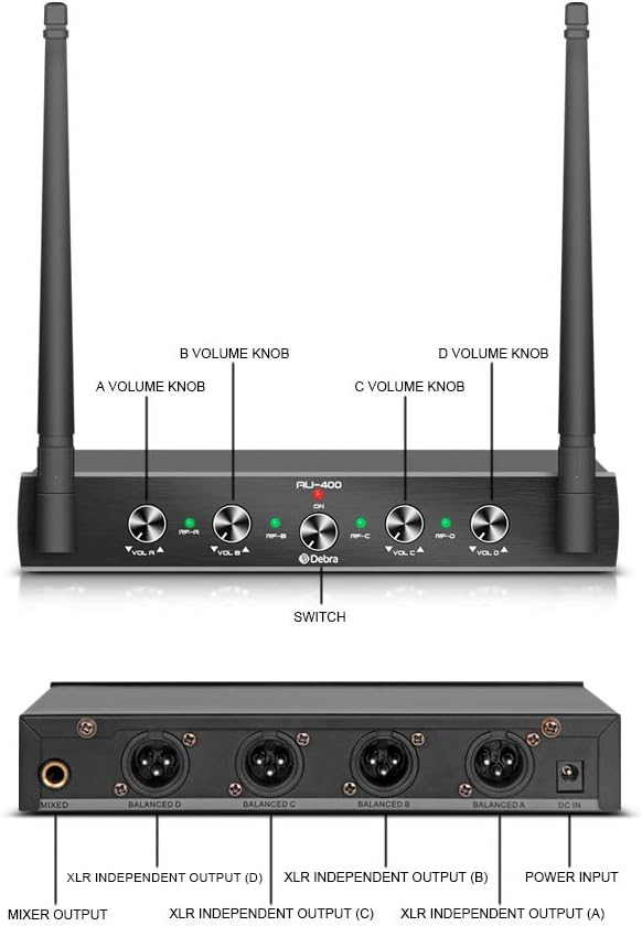 D Debra Audio AU400 Pro UHF 4-Kanal-Funkmikrofonsystem mit schnurlosem Lavalier Headset Mikrofon, Me