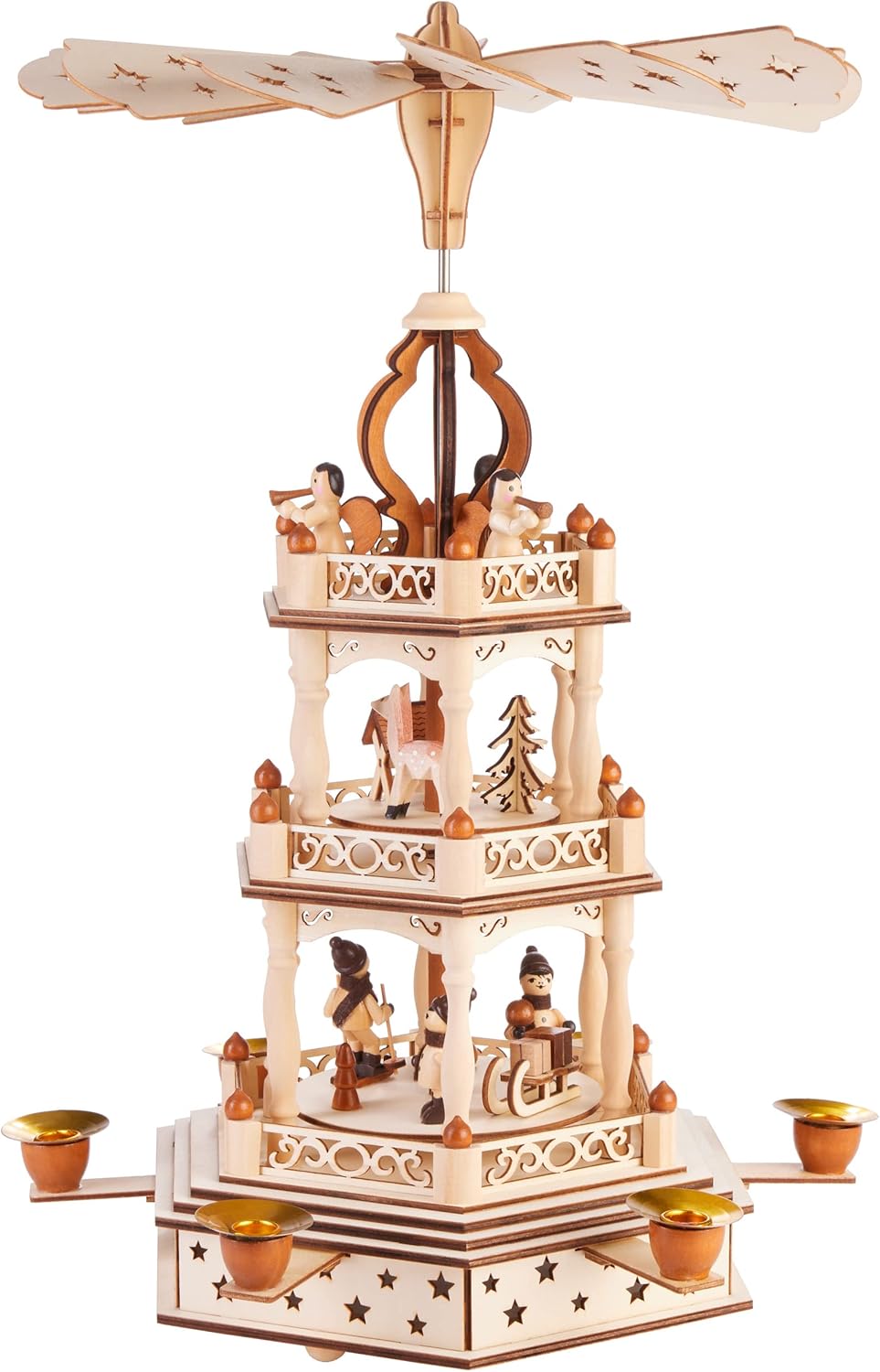 BRUBAKER Weihnachtspyramide - 3-stöckige drehbare Holzpyramide - Weihnachtsdekoration mit 3 Etagen -