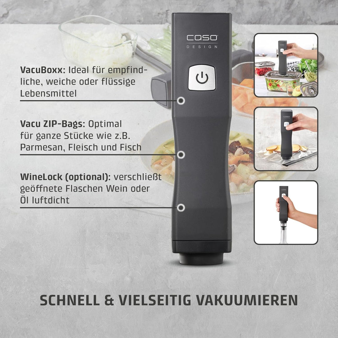 CASO Vacu OneTouch Eco-Set, Handvakuumierer inkl. 3 Vakuumbehälter aus Glas, 10 ZIP-Beutel und Food